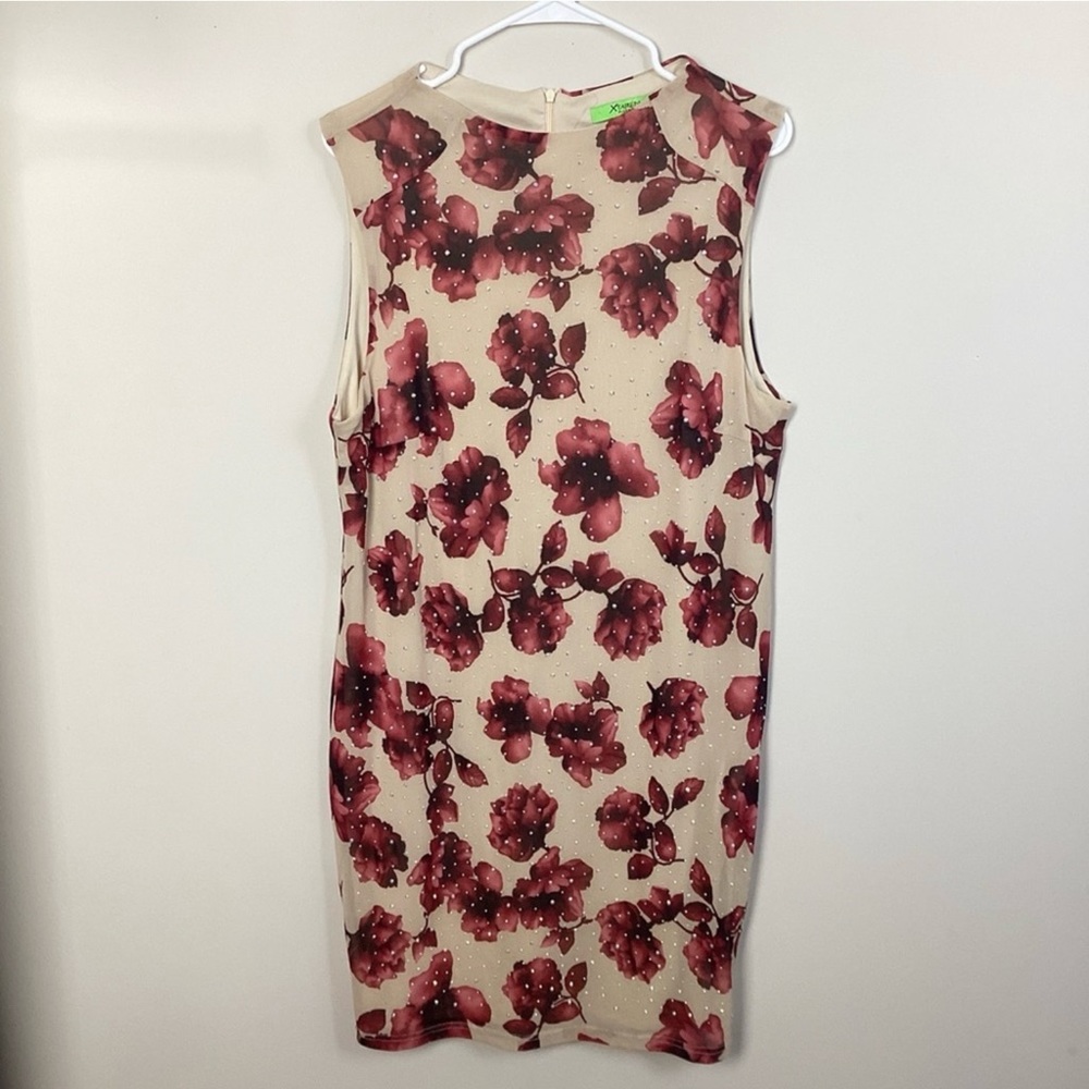 XTAREN Women Cream Red Roses Floral Sleeveless Dress Embellished Rhinestones